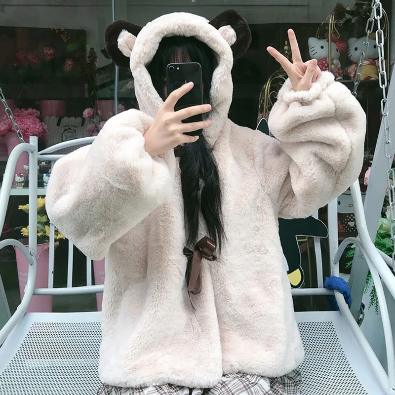 Winter Sweet Jacket Cute Girl Bear Ears Soft Plush Coat Vintage Thicken Long Sleeve Kawaii Jk Lolita Hooded Outweare For Women