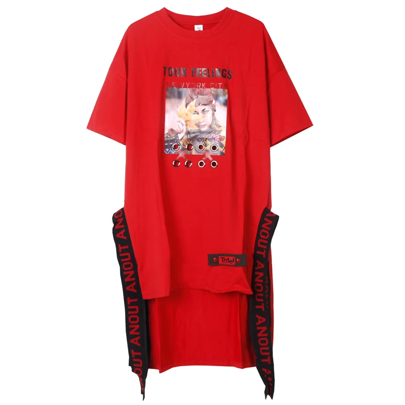 

Vefadisa Summer Irregular Women T-shirt 2021 Fashion Letter Print Female T-shirt Ribbon Patchwork Short Sleeve T-shirt QYF5645