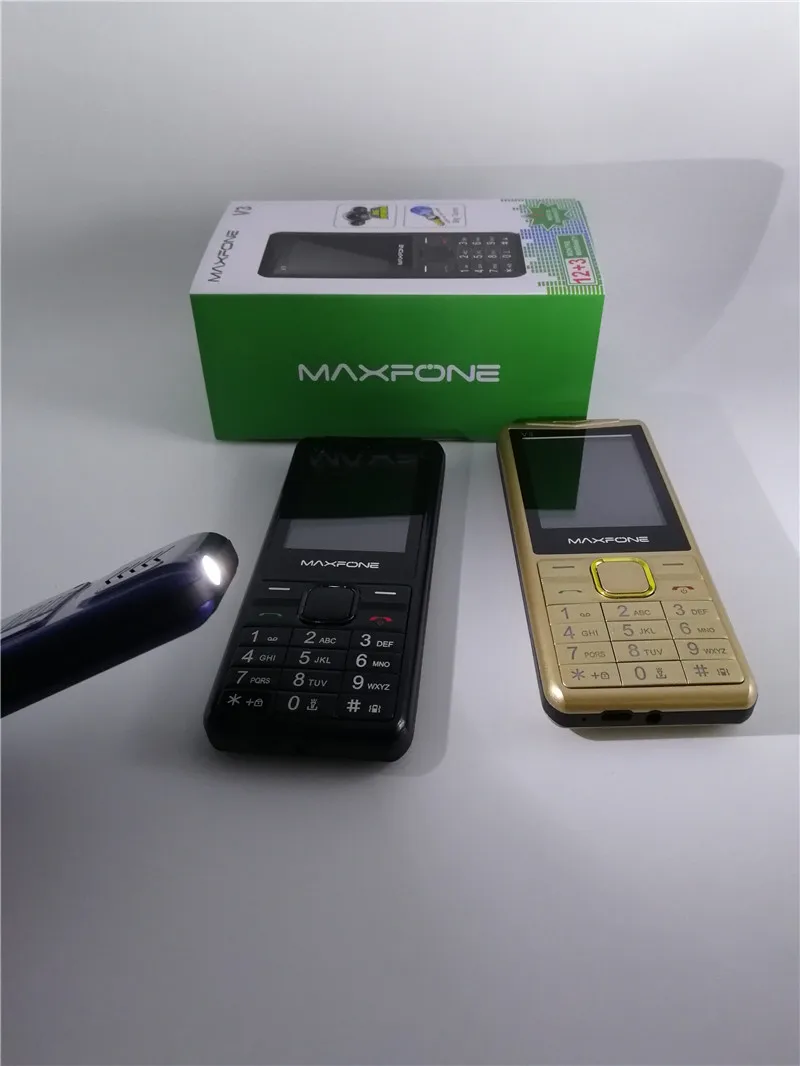 Maxfone V3 кнопочные сотовые телефоны с 1,77 дюймов 2000 мАч две sim-камеры Bluetooth Spotlight большой динамик FM дешевый мобильный телефон