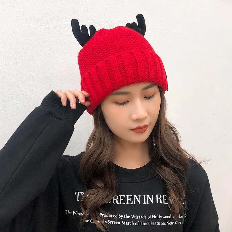 

Fashion Ladies Men Winter Hats Unisex Knitted Headgear Gift Cute Antler Headdress Kids Christmas Hat Outdoor Warm Riding