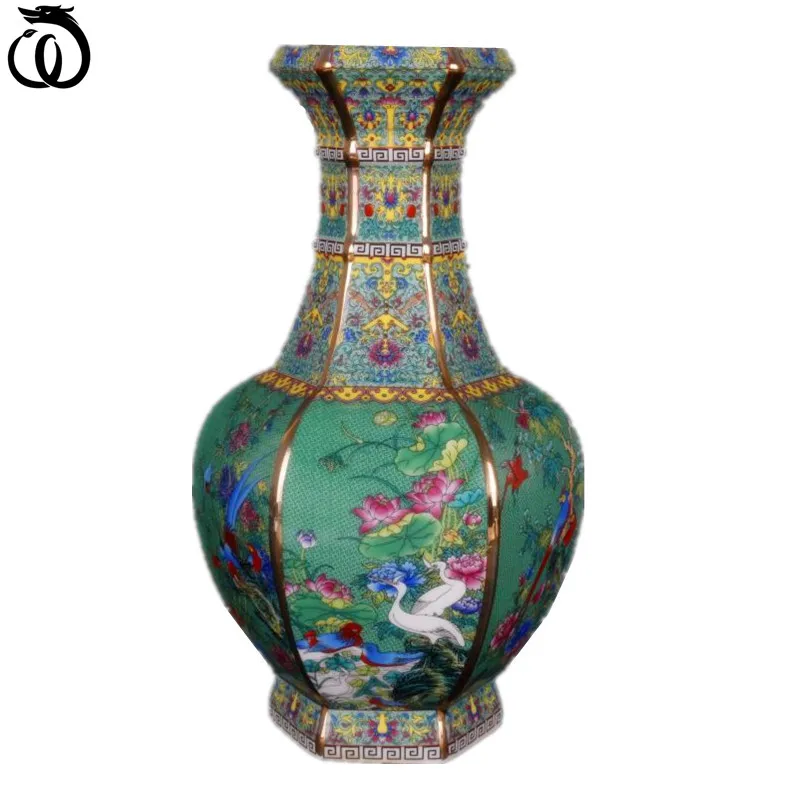 Роскошный китайский античный эмаль вазы для цветов Декор Зеленая Бутылка