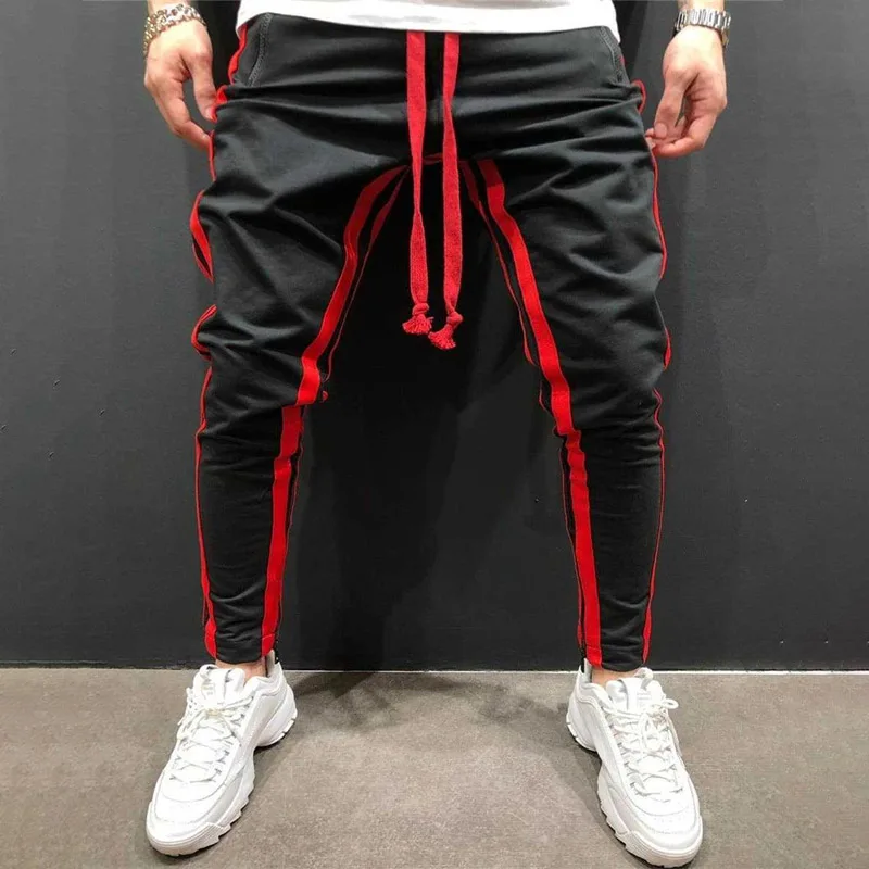 black-red Хлопок, мужская спортивная одежда, повседневные Стрейчевые Мужские штаны для фитнеса, облегающие спортивные брюки, брюки для бега - Цвет: black-red