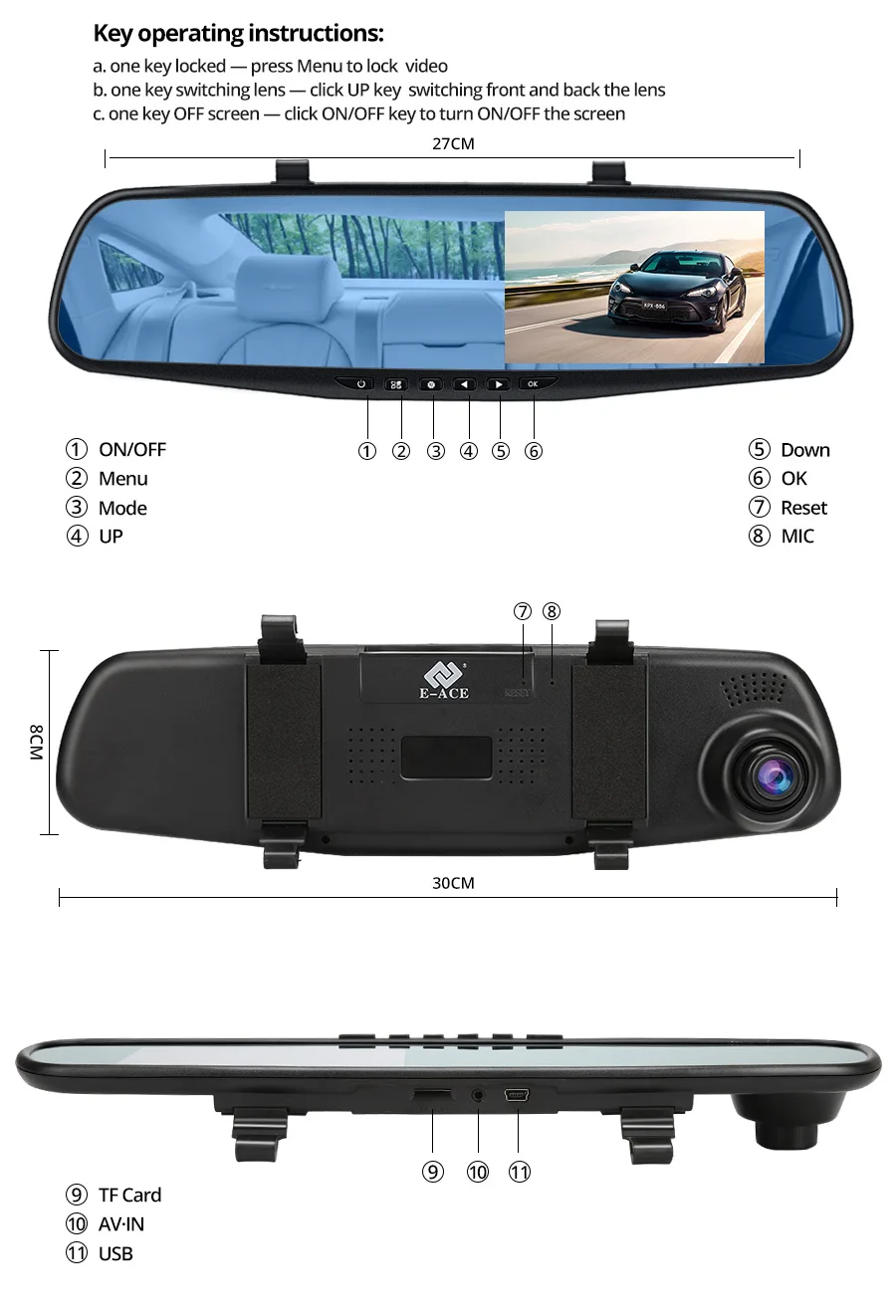 E ACE Автомобильный видеорегистратор в зеркале с Камера 4 3 дюймов FHD 1080P видео