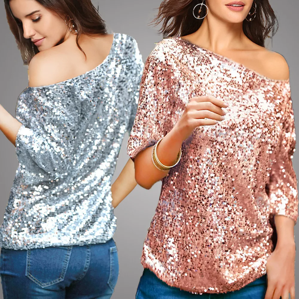 New Fashion T-shirt Women Plain Sequined Shoulder Mid-sleeve Shirt With Loose Bottom