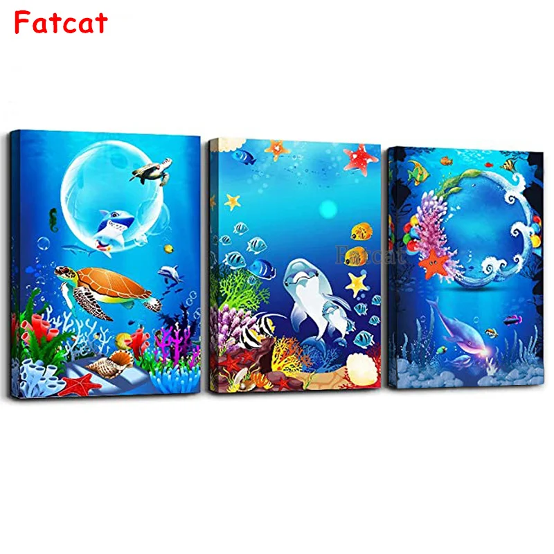 

Blue sea animals 5D DIY Diamond Painting cartoon landscape Cross Stitch Kits Drill Embroidery Mosaic Art 3 pcs set Decor PP1294