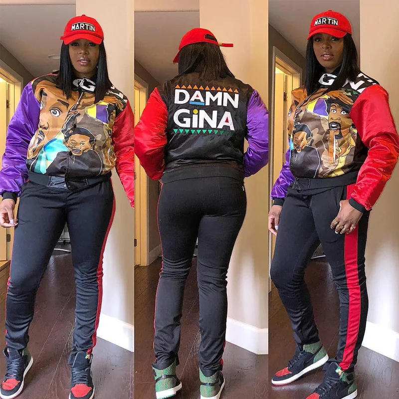 Two Piece Set Tracksuit Women Cartoon Printed Patchwork Jacket and Pencil pants Suit Outfits
