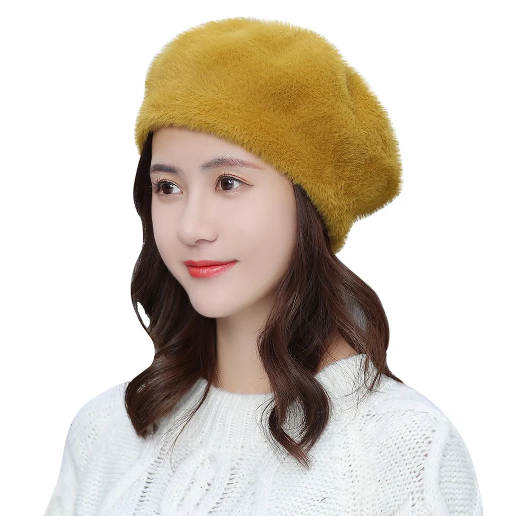 Хлопоковый берет шапки женские зимние французская шляпа девушки сплошной цвет