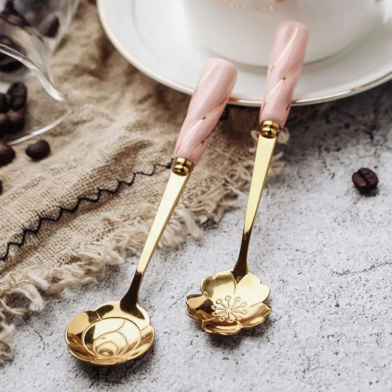 

Stainless Steel Spoon Coffee Milk Stirring Spoon With Ceramic Handle Gold-plated Dessert Spoon Tableware