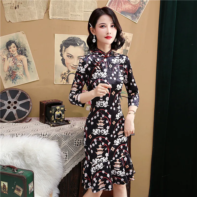 Китайское традиционное платье с цветочным принтом Cheongsam женский рыбий хвост
