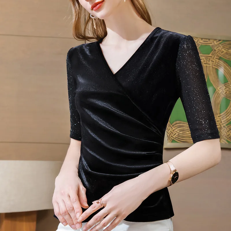 

T-shirt Female 2021 Spring Women's Temperament Splicing Bright Silk Mesh Top Cross V-neck Velvet Small Shirt