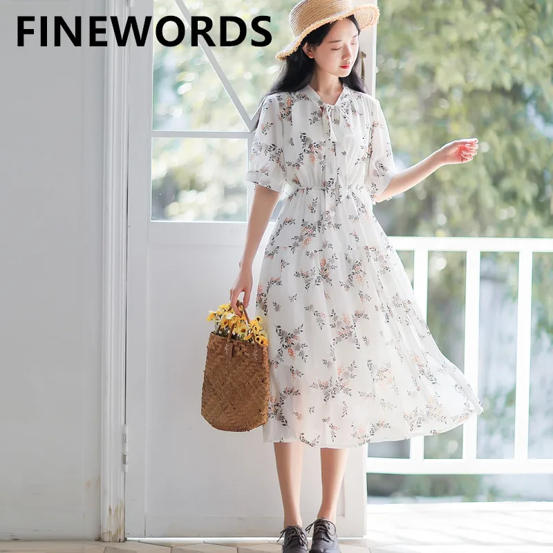 Винтажное осеннее платье с цветочным принтом FINEWORDS 2020 корейские шифоновые платья