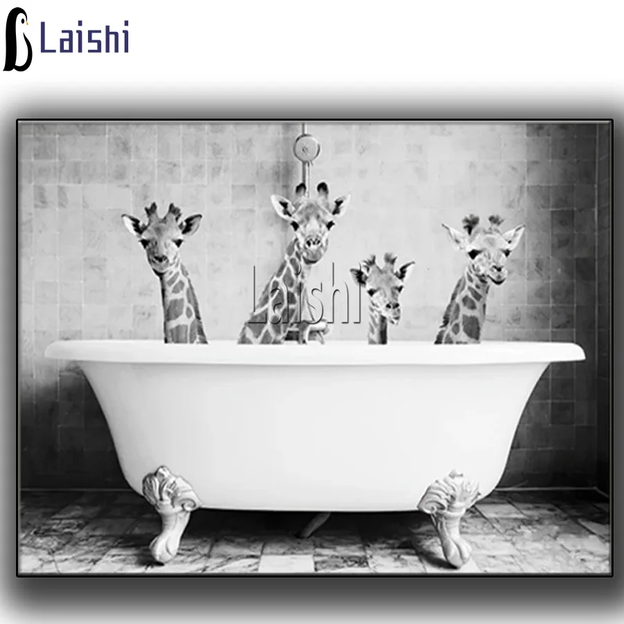 

Набор для алмазной вышивки «сделай сам», картина из черных и белых страз с изображением жирафа, ванны, животного, мозаика, квадратное и кругл...