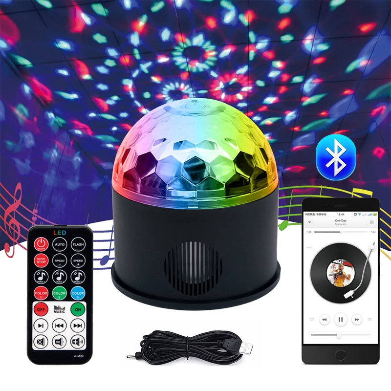 

Беспроводная Bluetooth-колонка с USB, сценическое освещение, 9 цветов, звуковая активация, вращающаяся Светодиодная лампа для дискотеки, вечеринк...