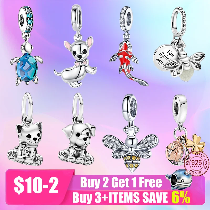 

New 925 Sterling Silver Flower Dog Cat Charms DIY Fine Beads Fit Original Pandora Charm Bracelet Jewelry