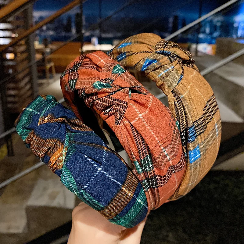 

2021 Autumn New Fashion Exquisite Cross Knot Plaid Chiffon Headband Hair Band Hoop Hair Accessories For Women Girls