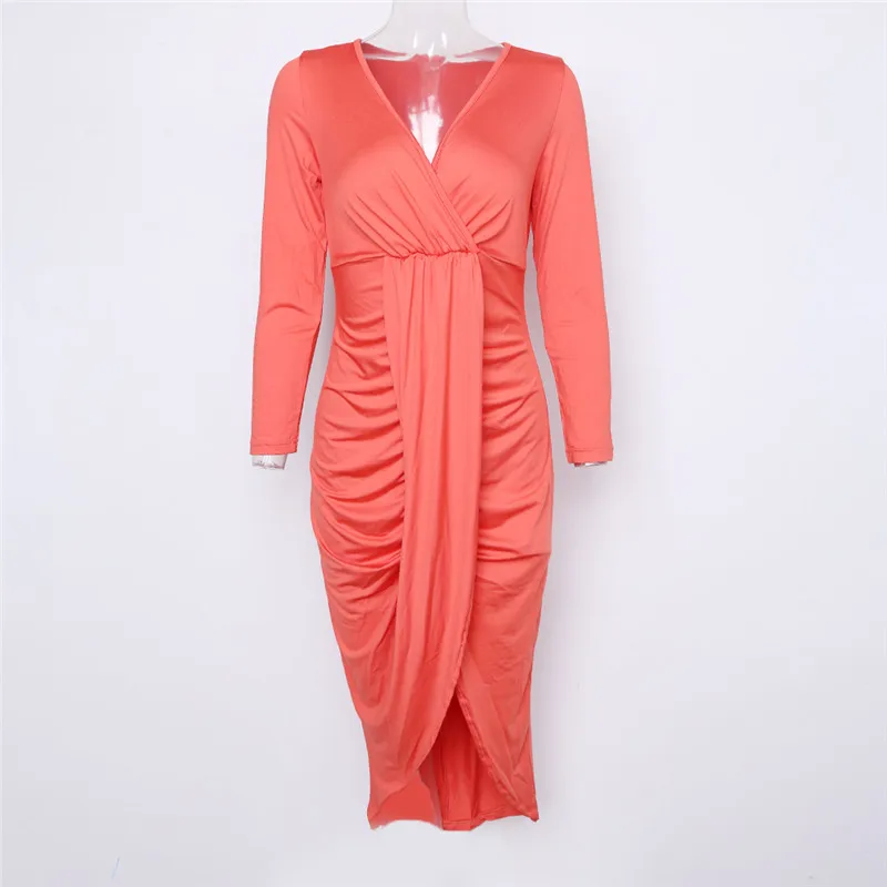 

New Fashion Women Sexy Deep V-Neck Dress Elegant Women Long Sleeve Pleated Slit Bodycon Dress Sheath Front Split Dress NQ904981