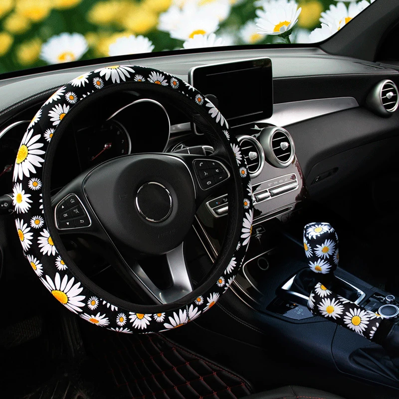 

37-38cm Car Steering Wheel Cover Daisy Flower Auto Interior Decoration Knitted Steering Wheel Cover Universal Car Accessories