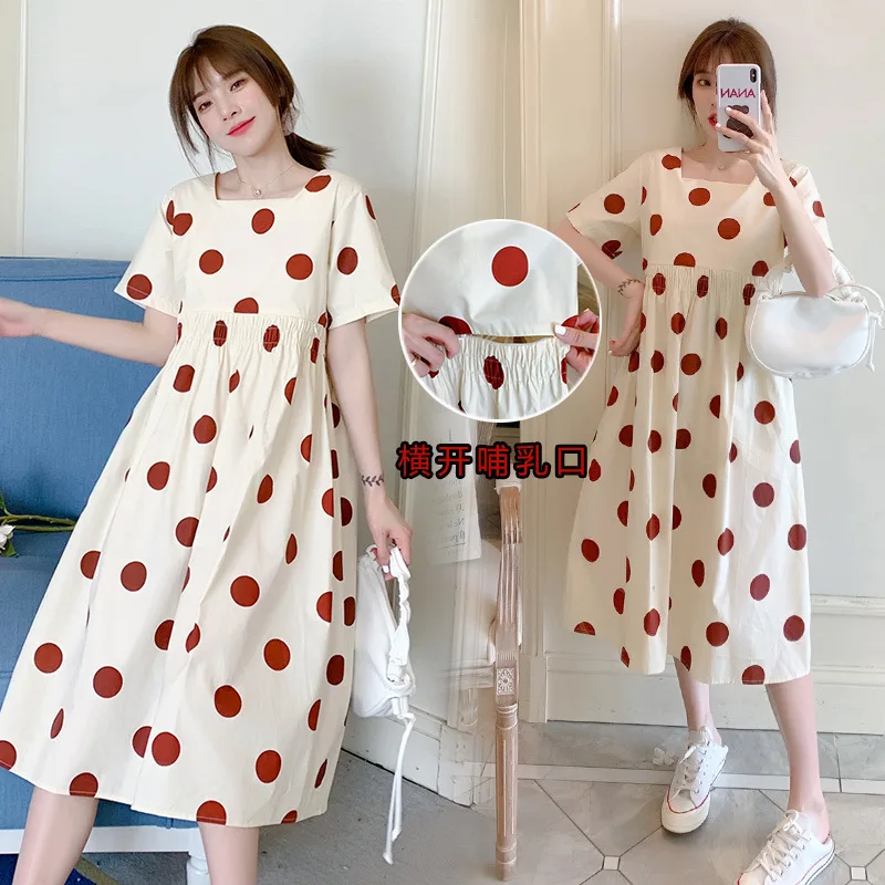 

2021 New Fashion Postpartum Women Breastfeeding Fashion Dress Short Sleeve Square Collar Polka Dot Lactation Dress Nursing