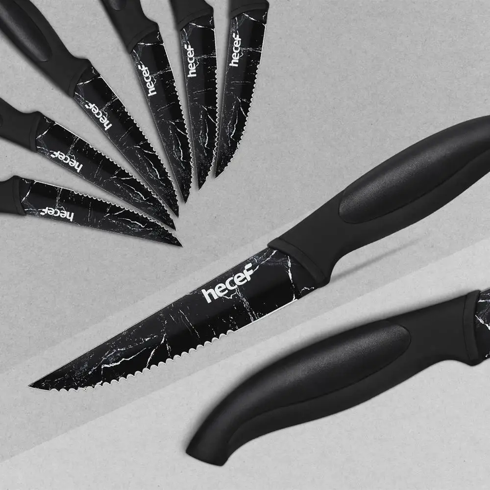 Набор из 6 ножей Hecef для стейка с мраморным узором зубчатое лезвие ручкой