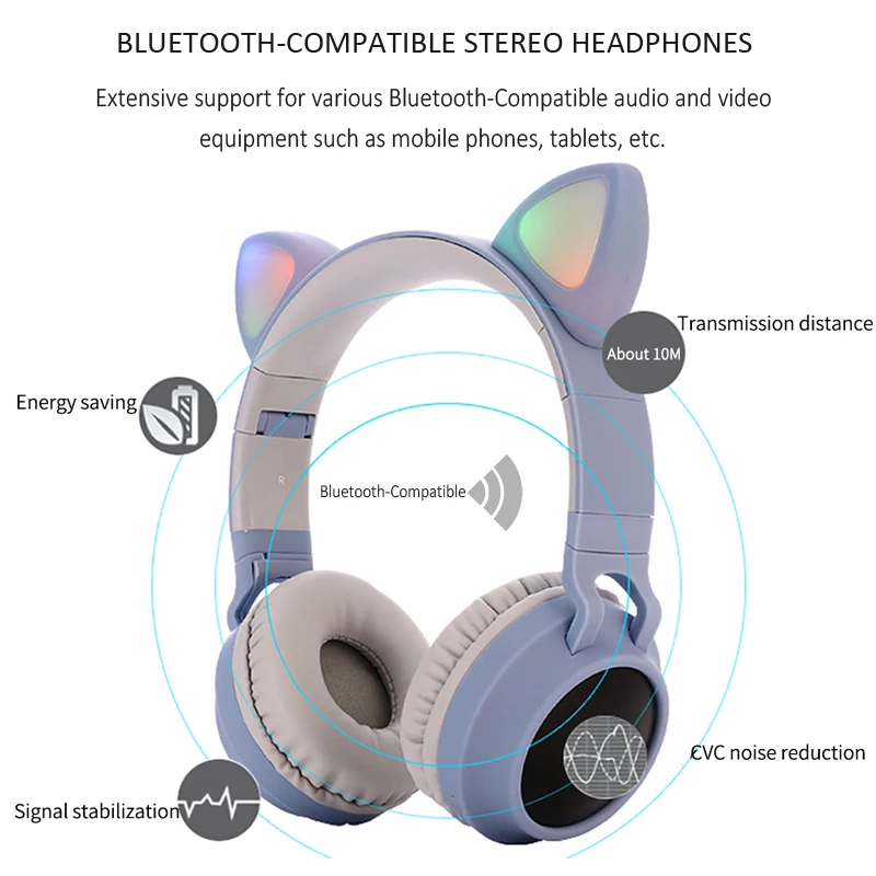 Cute Cat Ear Headset LED Wireless Bluetooth-Compatible Headphones with Mic Glowing Earphones for Children Gifts daughters girls |