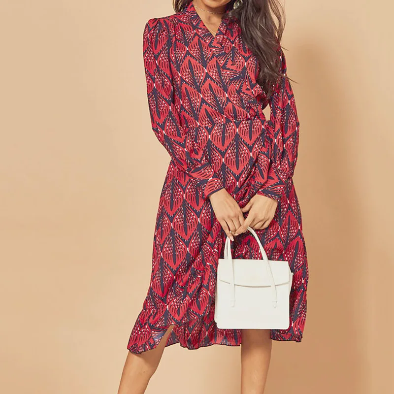 

ropa mujer Summer Chiffon Floral Print Dress V-neck lantern sleeve women's Knee-Length Ruffles dresses Casual wm*