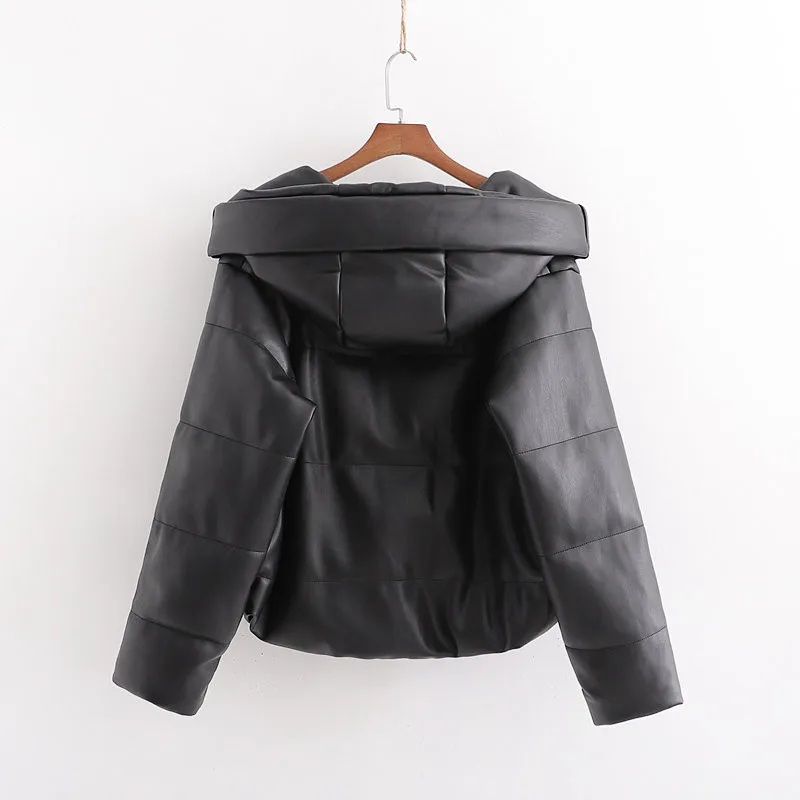 

Luzuzi PU Leather Parkas Women Fashion Hooded Faux Leather Coats Women Elegant Zipper Cotton Jackets Female Ladies IT