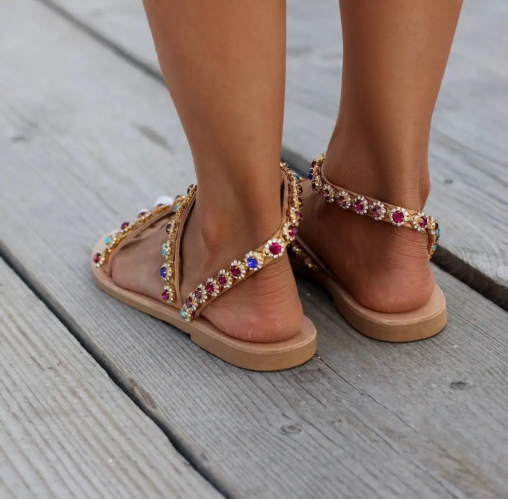 MoneRffi Summer Flats Sandals Sweet Boho Pearl Decoration 2020 Women Beach Sand Holiday Shoes Leather Plus Size 43 | Обувь