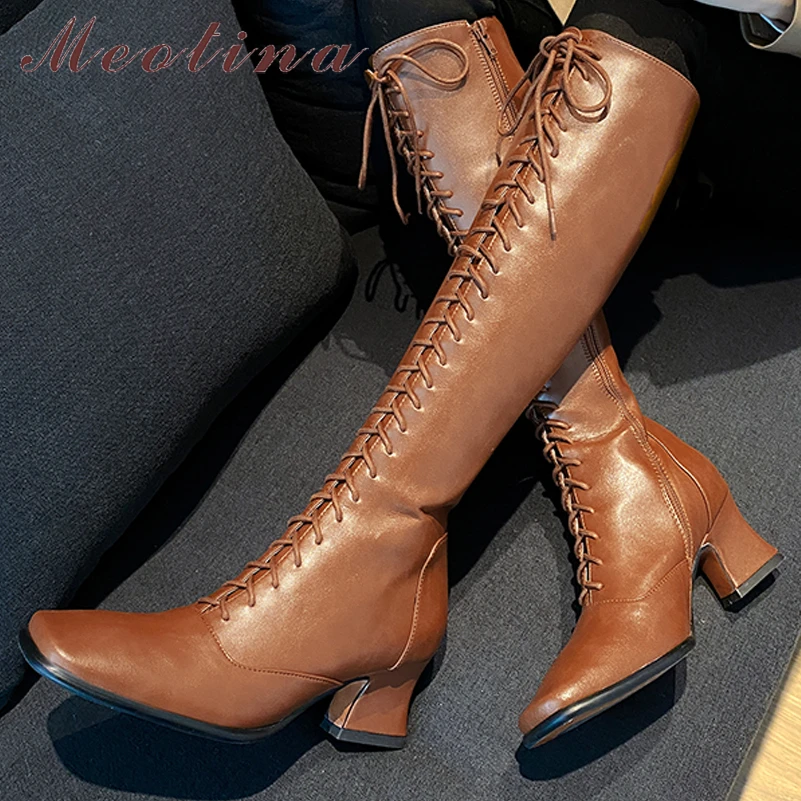 

Женские сапоги для верховой езды Meotina, коричневые сапоги до колена из искусственной кожи на толстом каблуке, с квадратным носком, на шнуровк...