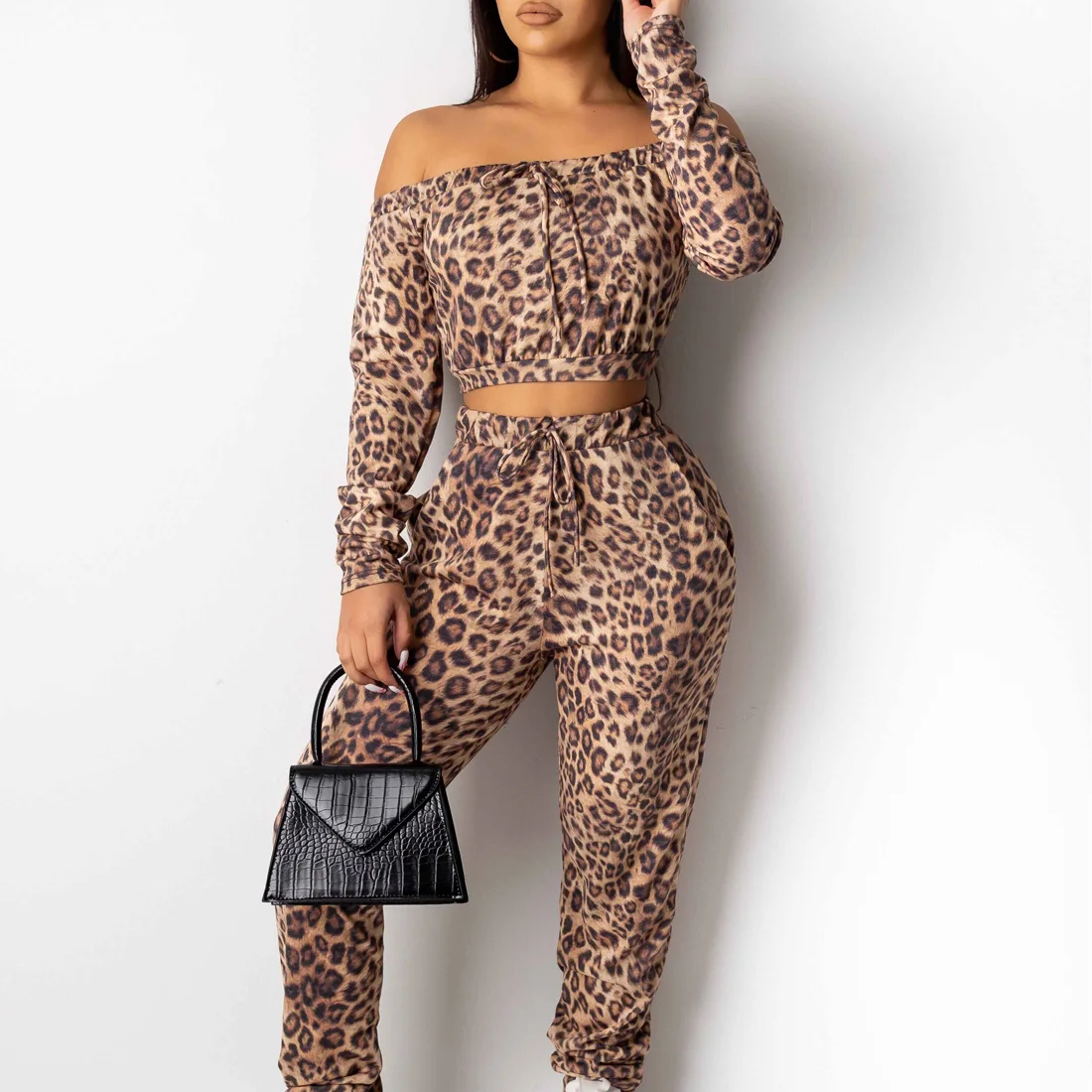 

2019 Autumn Fashion 2PCS Women's Leopard Print Set Casual Off Shoulder Short Top Tracksuit Sport Tops Long Fitness Pants