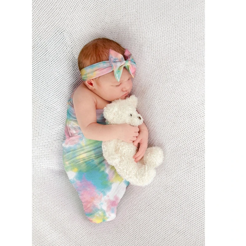 2 uds beb&eacute; gradiente impreso recibir manta cinta para cabeza de Swaddle diadema para el pelo diadema accesorios de fotograf&iacute;a reci&eacute;n nacido-1