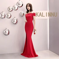 women sexy off shoulder dress satin long mermaid sleevess female fashion formal gowns split solid color elegant party dress 2021
