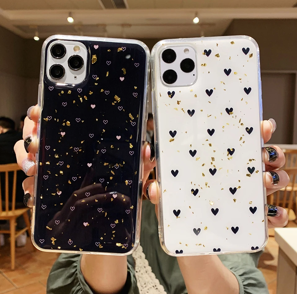SUYACS Золотой фольгированный чехол для телефона с сердечком iPhone 11 Pro Max XS XR X 6 6S 7 8 Plus