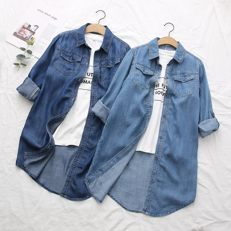 Осень 2021новинка джинсовые женские рубашки свободные длинные однотонные джинсы