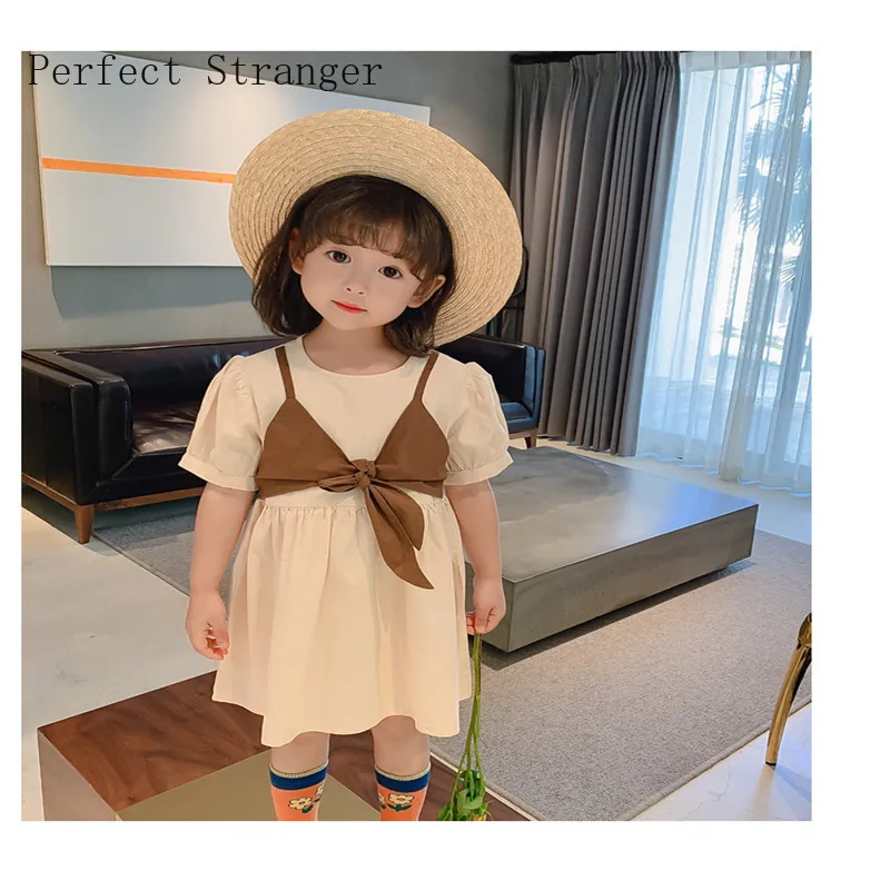 

2021 Summer New Arrival Princess Dress For Girls Lovely Fake Two Pieces Puff Sleeve Baby Girl Dress High Quality