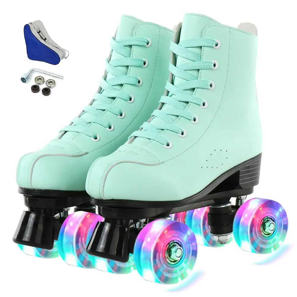 

Multi-colorful Roller Skates Adult PU Leather Double Line Two Line Skating Shoes With PU Flashing Wheel Quad Skates Good Patine