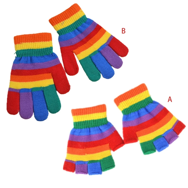 

Kids Winter Knitted Full Half Finger Gloves Rainbow Colorful Striped Mittens