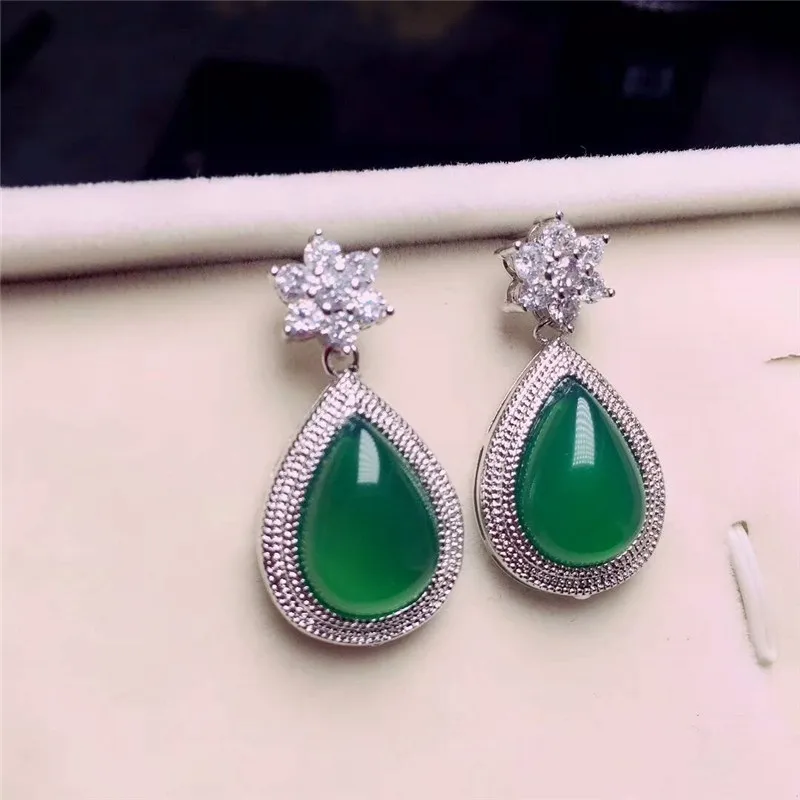 

LETSFUN Fine Jewelry 925 Silver Inlaid Natural Green Chalcedony Earrings Noble Gifts Free Shipping
