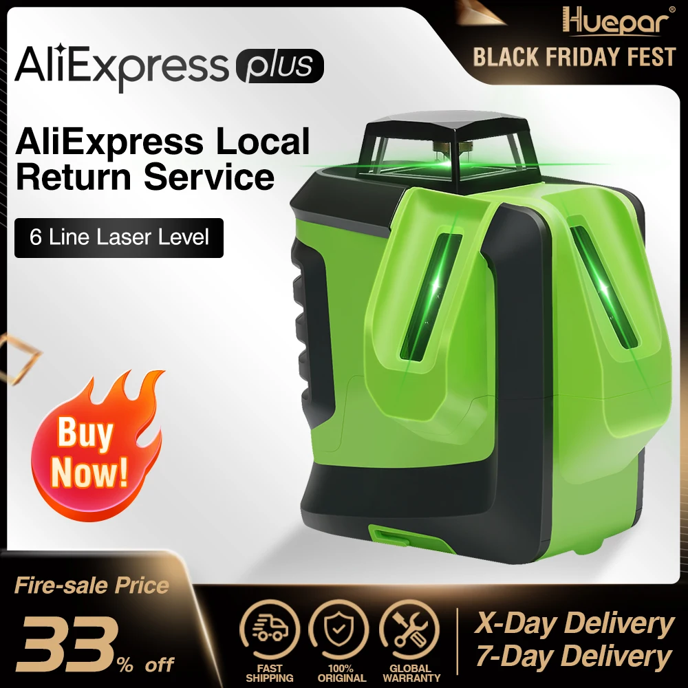 Лазерный уровень Huepar зеленый луч пересечение горизонталей и вертикалей на 360