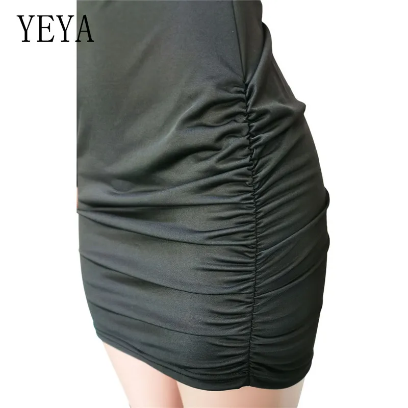 

YEYA Irregular Hollow Out Mini Bodycon Package Hip Pleated O Neck Sleeveless Off Shoulder Elegant Women Office Work Party Dress