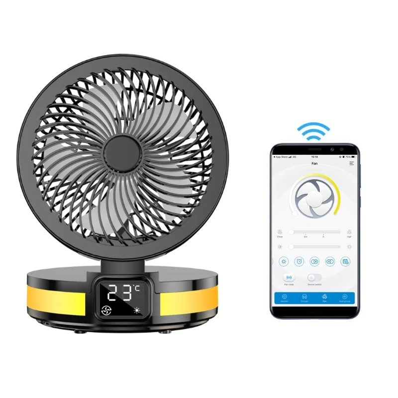 

Cellphone Bluetooth App Remote Control USB Folding Desk Fan Oscillating Fan with Temperature Display LED Light Lamp