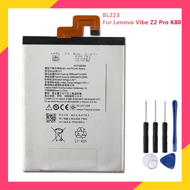 

Original Phone Battery BL223 For Lenovo Vibe Z2 Pro K80 K80M K8 K7 K920 Replacement Rechargable Batteries 4000mAh With Free Tool