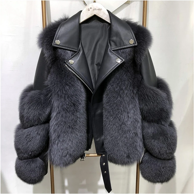 

Women Faux Fur Coat with Fox Fur Winter Fashion 2021 New Motocycle Style Luxury Fox Fur Leather Jackets Woman Trendy Overcoats