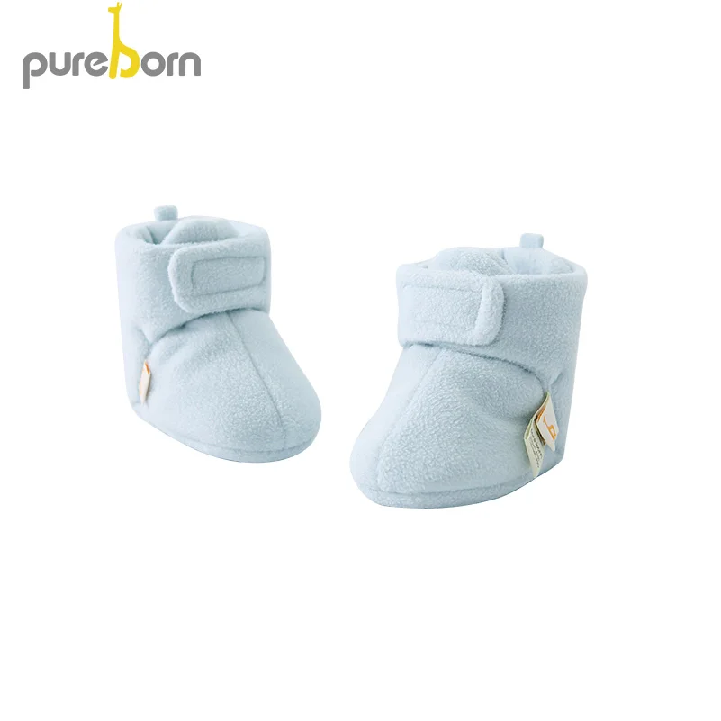 Pureborn/Обувь для новорожденных; Hookloop; мягкая подошва; обувь для маленьких девочек; Флисовые Тапочки для маленьких мальчиков; однотонные зимние Первые ходунки - Цвет: Blue