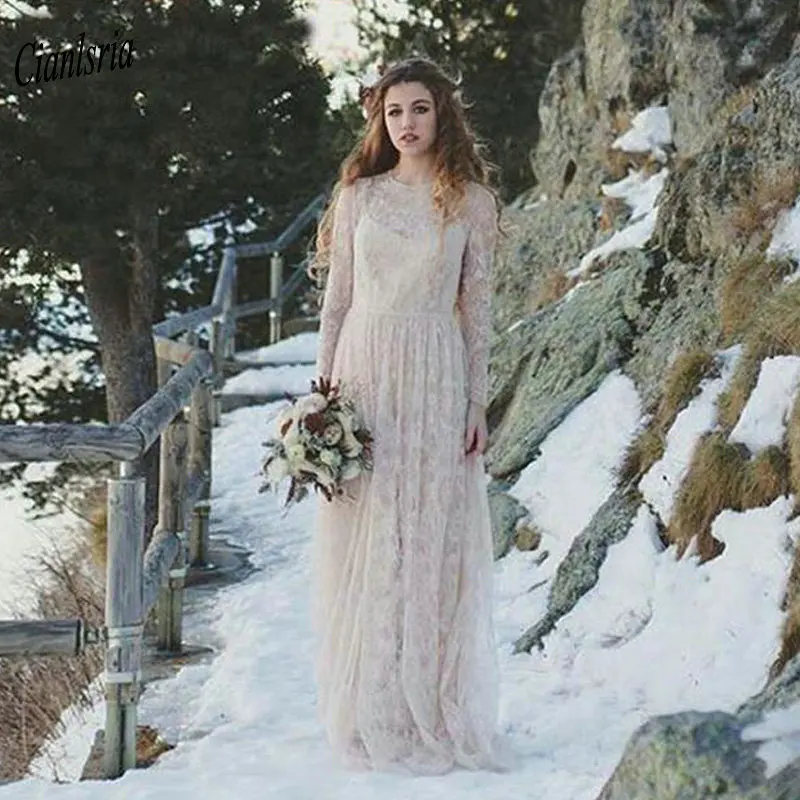 

Romantic Champagne Long Sleeve Full Lace Bohemian Wedding Dresses Vintage O-Neck Open Back Boho Country Bridal Wedding Dress