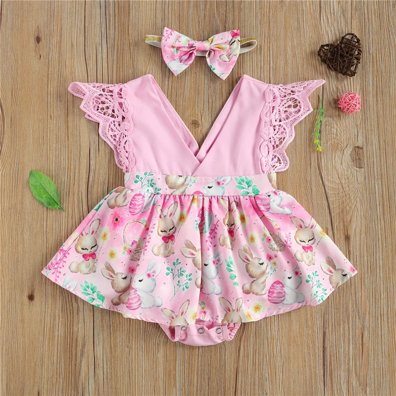 

Baby Easter Lace Decoration Clothing 2pcs Summer Fashion Rabbit Print Romper Dress with Bow Headband