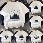 Белая футболка в стиле Харадзюку, топ с отражающим пейзажем и темным лесом, свободная повседневная одежда с коротким рукавом, на лето