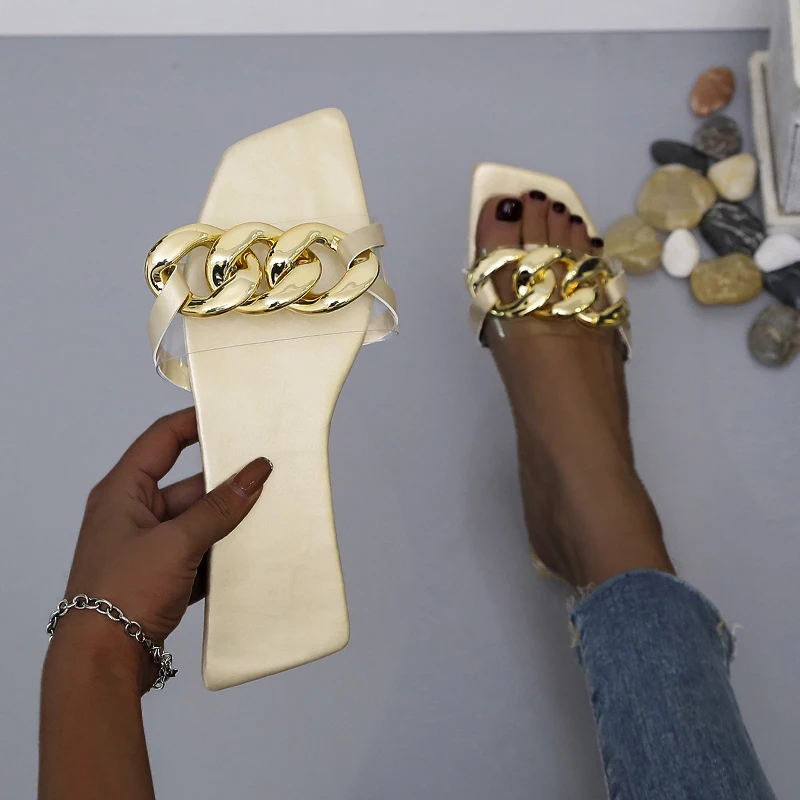 

Шлепанцы женские с металлической цепочкой, сланцы, квадратный носок, плоская подошва, пляжные тапочки, без застежки, лето 2021