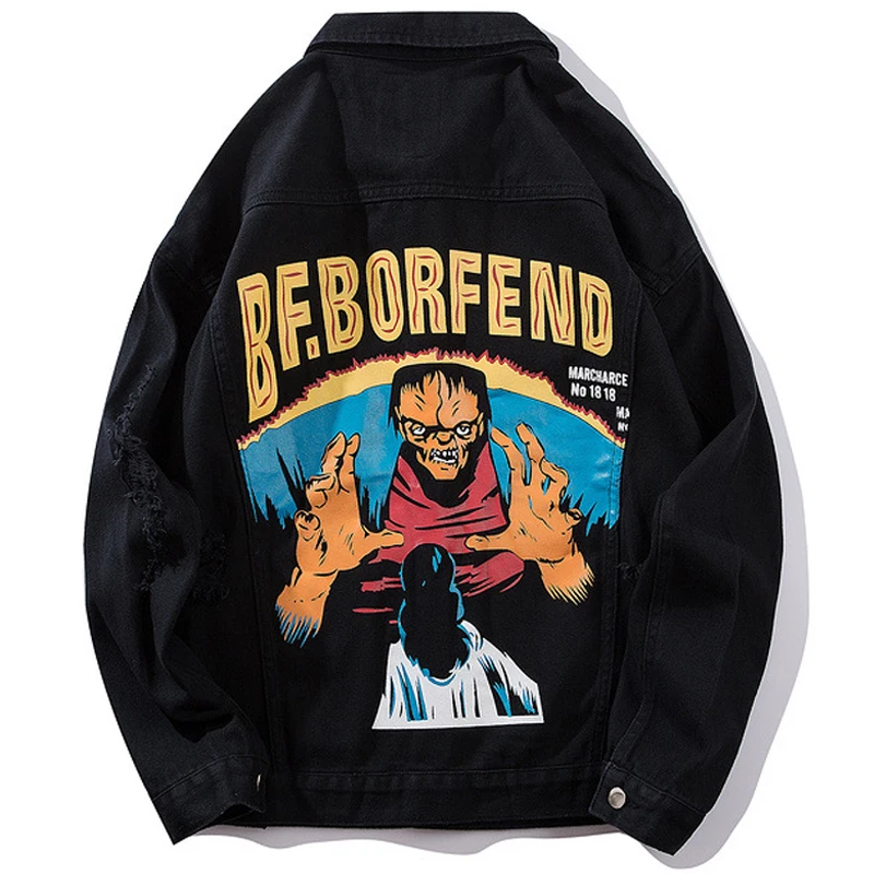 

Devil skull Graffiti Painted Printing Men Jeans Denim Jacket Cartoon Graffiti Print Loose Coats Vintage Hip Hop Fashion Jacket