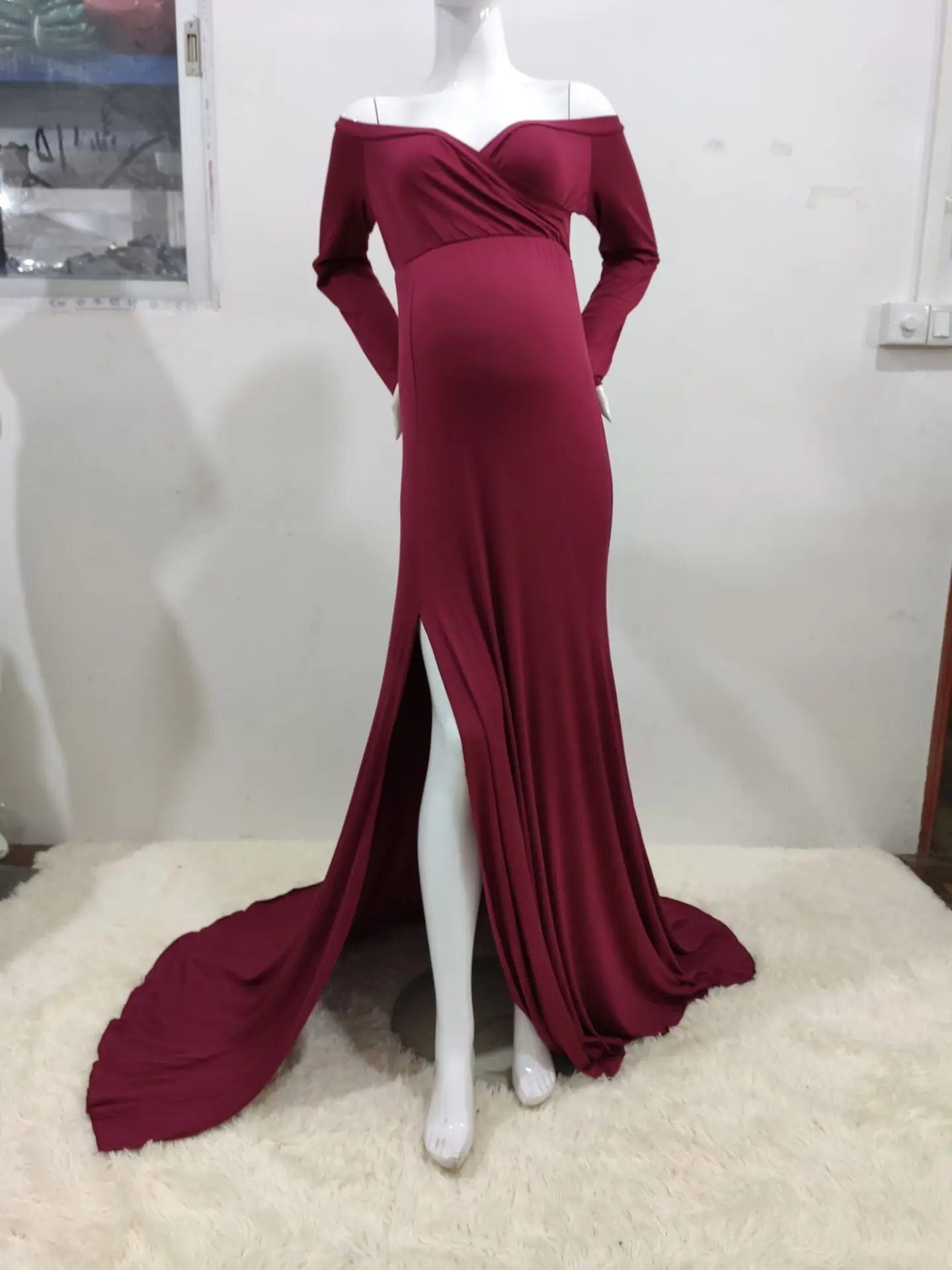 

Sexy Shoulderless Maternity Dresses For Photo Shoot Maxi Gown Split Side Women Pregnant Photography Props Long Pregnancy Dress