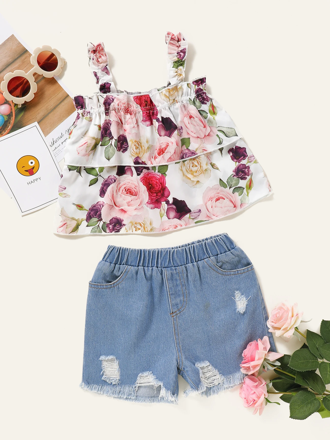 

Summer Kids Suit Set Girls Flower Print Square Collar Sleeveless Tops+ Denim Shorts for 2-6Years